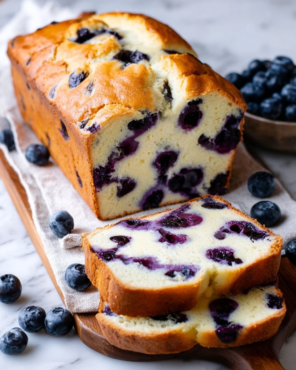 The image shows a loaf of blueberry bread, placed on a wooden board with a white cloth underneath, set on a white marbled surface. The bread has a golden brown crust on the top with cracks revealing the soft inside filled with juicy dark purple blueberries. Two slices are cut from the loaf and laid in front, showing a creamy pale yellow interior dotted with other blueberries, some bursting slightly to spread their color. Around the bread and slices are scattered fresh blueberries adding a fresh, deep blue contrast. Photo taken with an iphone --ar 4:5 --v 7