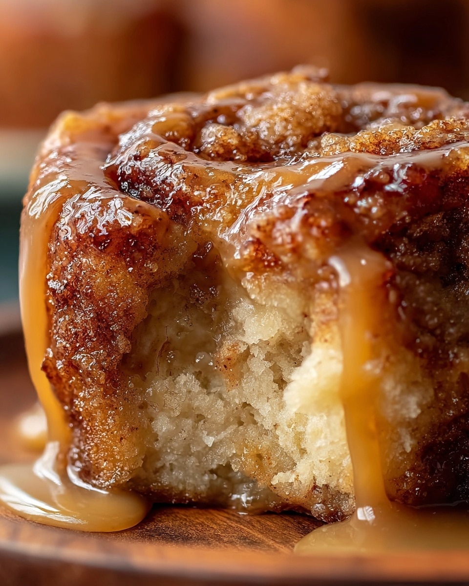The image shows a close-up of a soft, moist cinnamon roll with a sticky, golden caramel glaze dripping down its sides. The cinnamon roll has a rich, brown crust with a slightly crisp texture and is covered with melted sugar that glistens under the light. Inside, the roll is fluffy and light beige with visible swirls of cinnamon and sugar. The caramel sauce pools around the base of the roll on a wooden surface, creating a shiny wet golden layer that enhances its sticky, gooey appeal. The photo captures the texture details sharply with a shallow depth of field, highlighting the moist interior and glossy topping. photo taken with an iphone --ar 4:5 --v 7
