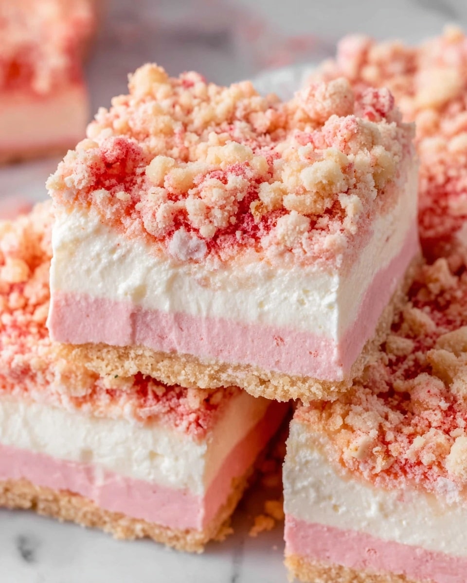 This image shows a close-up of a layered dessert with three visible layers. The bottom layer is light pink and looks soft and smooth. The middle layer is white and creamy, sitting thick and fluffy on top of the bottom layer. The top layer is crumbly and textured with small chunks and crumbs in shades of pink and beige, covering the creamy layer evenly. The dessert is cut into square pieces, with one square slightly lifted to show the inner layers clearly. The background is a white marbled texture. Photo taken with an iphone --ar 4:5 --v 7