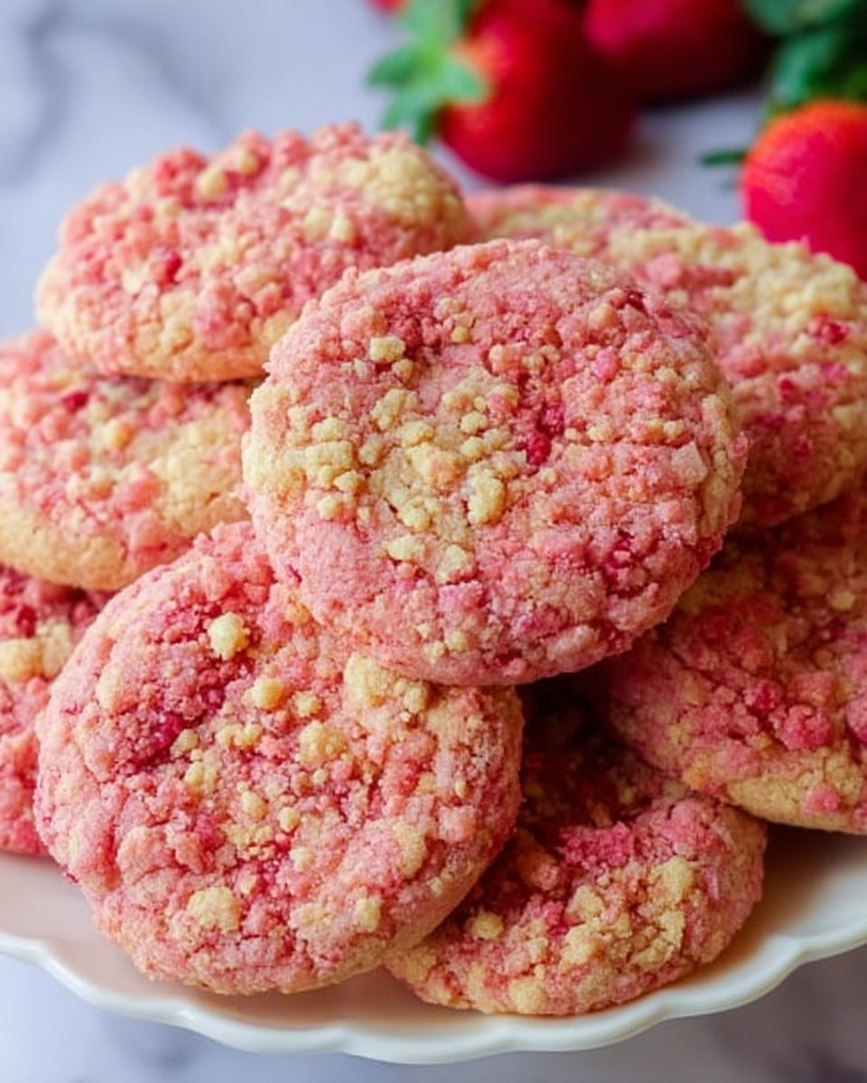 The image shows a close-up of a pile of round cookies with a crumbly pink and light yellow topping. Each cookie has a rough, textured surface with a mix of small pink crumbs and light yellow bits scattered across the top. The cookies are stacked closely together on a white plate with a scalloped edge. In the background, there are a few fresh red strawberries with green leaves, adding a pop of color. The setting is on a white marbled surface, making the pink cookies stand out vividly. Photo taken with an iphone --ar 4:5 --v 7