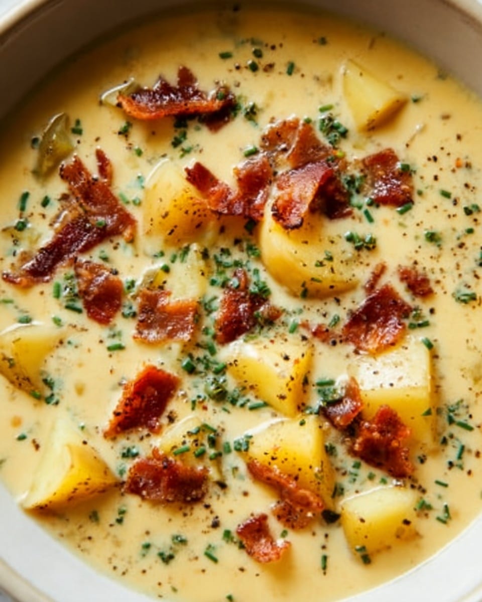 The image shows a creamy soup with visible chunks of yellow potatoes scattered throughout the light yellow broth. Small pieces of crispy brown bacon are spread evenly on top, with sprinklings of green herbs adding color contrast. The soup looks thick and smooth, with a mix of textures from the soft potatoes and crunchy bacon. The dish is presented over a white marbled surface. Photo taken with an iphone --ar 4:5 --v 7