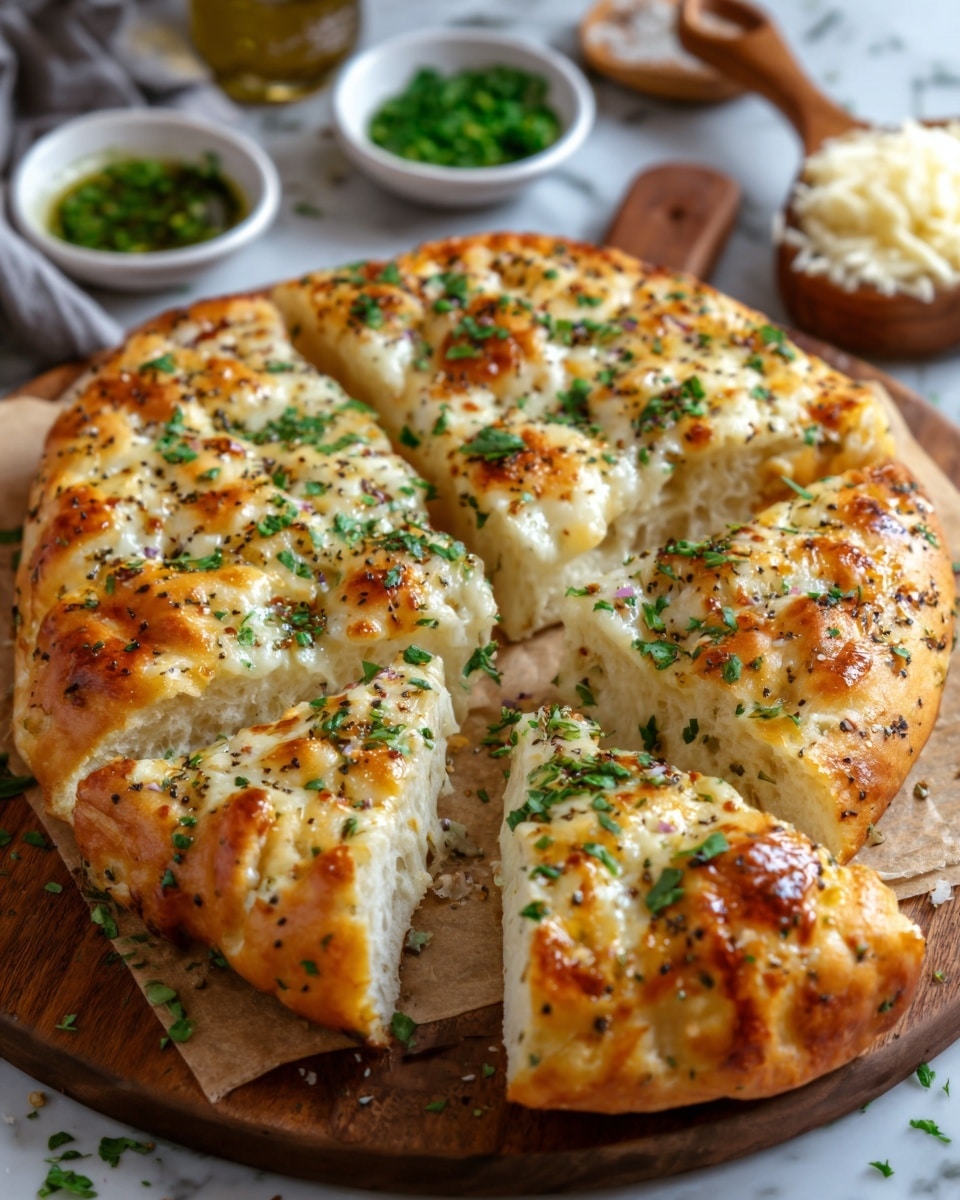 A round cheesy bread cut into four large triangular slices is shown on a wooden board, with one slice slightly pulled away. The bread has a golden-brown crust with melted cheese on top, mixed with small browned spots and sprinkled with fresh green herbs and black pepper. The bread’s inside looks soft and fluffy with a white texture. In the background, there are small bowls of green sauce and grated cheese, all on a white marbled surface. The photo taken with an iphone --ar 4:5 --v 7
