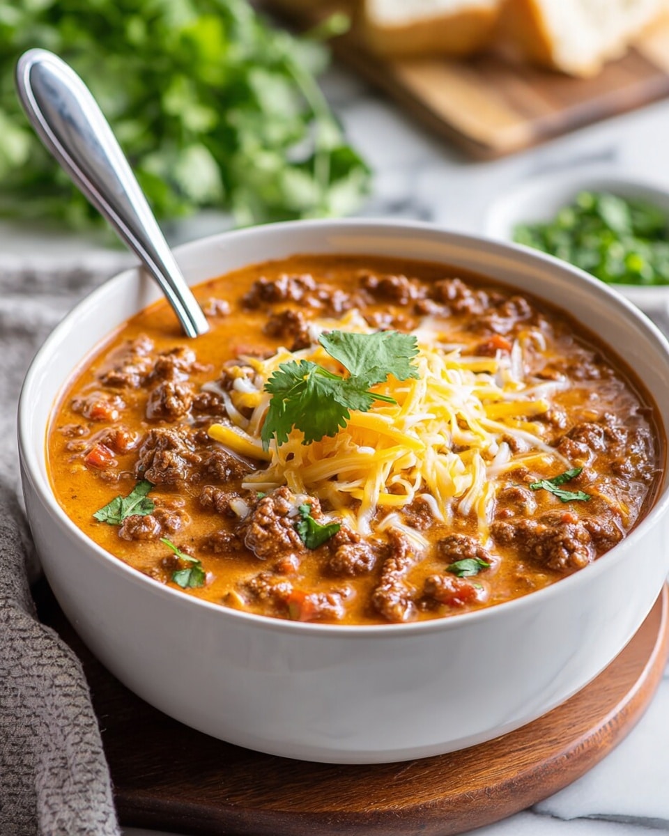 A white bowl filled with a thick, creamy soup with a light brown-orange color and visible small pieces of ground beef and tiny bits of orange carrot throughout. On top of the soup, there is a small pile of shredded yellow and white cheese and a few bright green cilantro leaves sitting beside the cheese. A metal spoon rests inside the bowl, leaning against the rim. The bowl is placed on a wooden board with some green cilantro leaves around it, all on a white marbled surface. Photo taken with an iphone --ar 4:5 --v 7