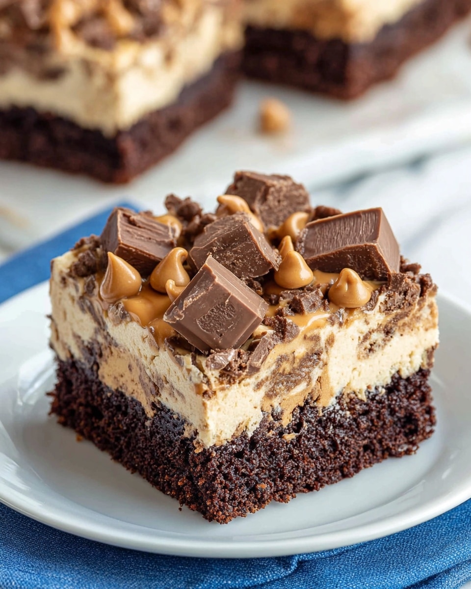 A square piece of dessert with two distinct layers sits on a white plate over a light blue cloth, on a white marbled surface. The bottom layer is a dense, dark brown fudge brownie with a slightly crumbly texture. Above it is a thick, creamy layer of light beige cookie dough mixed with small chocolate chunks and swirls of darker chocolate spread throughout. On top of this creamy layer, several thick pieces of cut chocolate candy and small peanut butter chips are scattered, adding texture and color contrast. The background reveals a tray with more of the same dessert, slightly blurred. Photo taken with an iphone --ar 4:5 --v 7