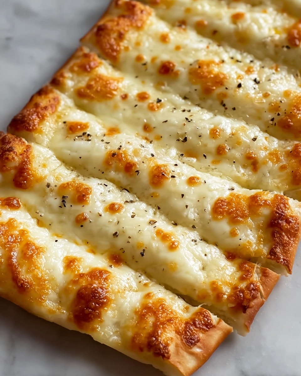 The image shows a close-up of a flatbread cut into five long strips, each covered by a thick, bubbly layer of melted cheese that is golden brown in spots. The cheese is creamy white with patches of light amber where it has browned. Small black pepper specks are sprinkled evenly over the cheese. The flatbread base underneath is light golden and appears soft but slightly crisp at the edges. The flatbread is placed on a white marbled surface. photo taken with an iphone --ar 4:5 --v 7