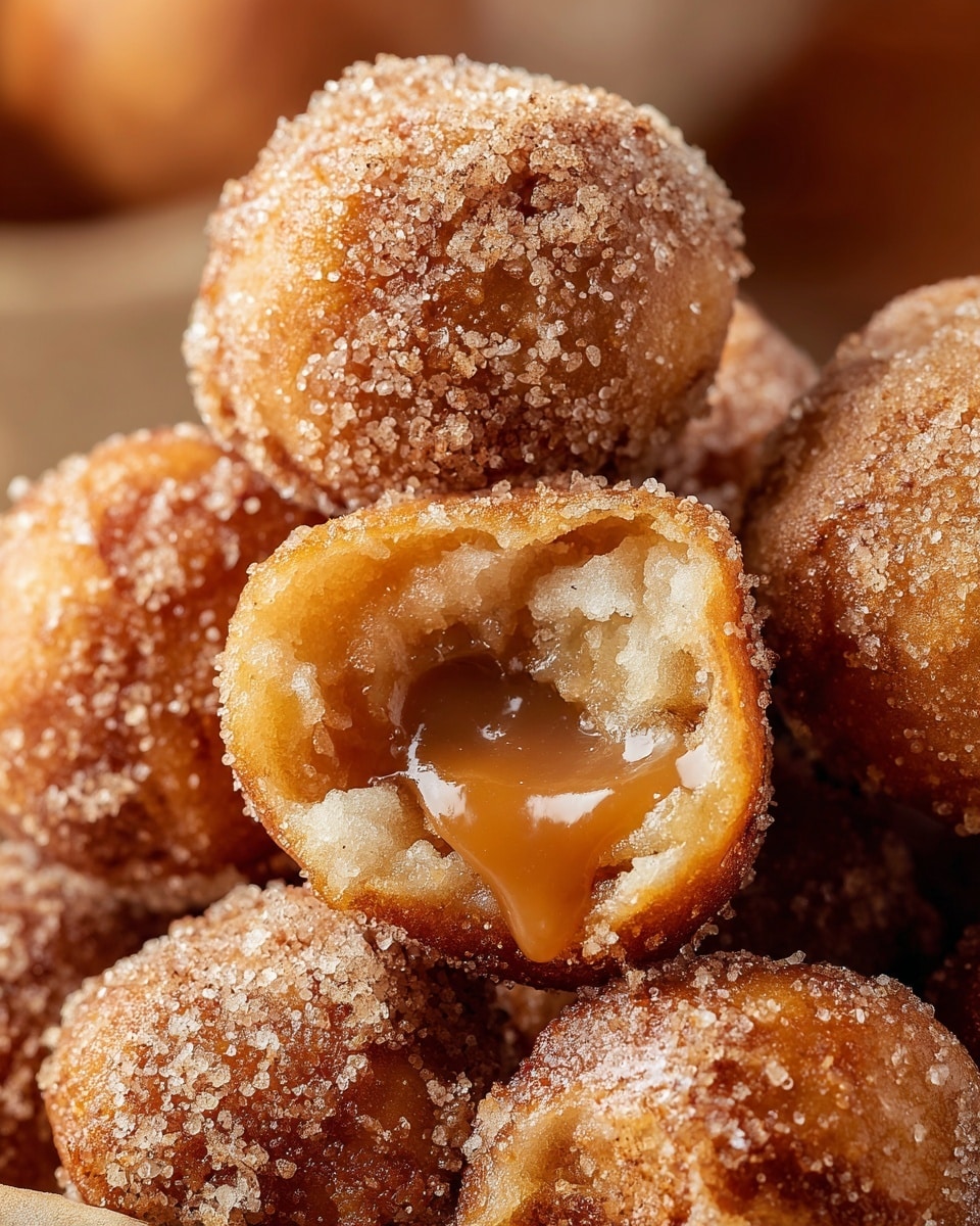 A close-up view of a pile of small, round, golden-brown fried dough balls, each coated with a layer of sugar crystals giving a sparkling effect. One dough ball is broken open at the top, revealing a gooey caramel-colored filling inside that looks smooth and shiny. The outside texture is slightly rough with a mix of crisp and soft areas, showing some light brown spots from frying. They are placed on a white marbled surface that adds a clean and bright contrast to the warm tones of the dough balls. Photo taken with an iphone --ar 4:5 --v 7