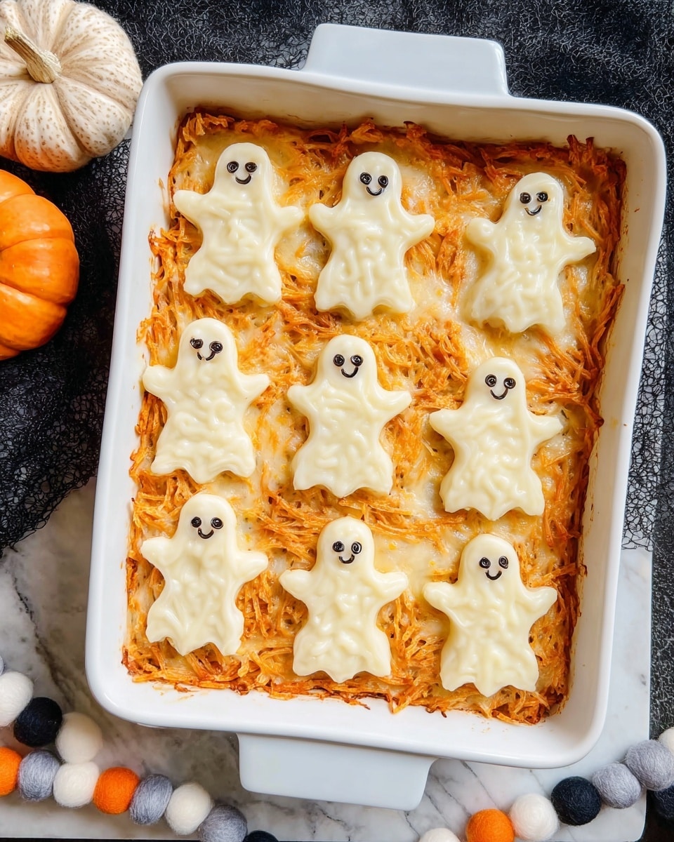A white rectangular baking dish filled with a cheesy shredded chicken casserole with a rich orange sauce as the base layer, topped with eight thin white ghost-shaped cheese slices evenly spaced in two rows of four. Each ghost has two small black olive slices for eyes, adding a playful, spooky touch. The casserole appears creamy and textured with melted cheese blending into the saucy chicken, set against a white marbled surface with a string of felt balls in black, orange, white, and gray colors placed above the dish. photo taken with an iphone --ar 4:5 --v 7
