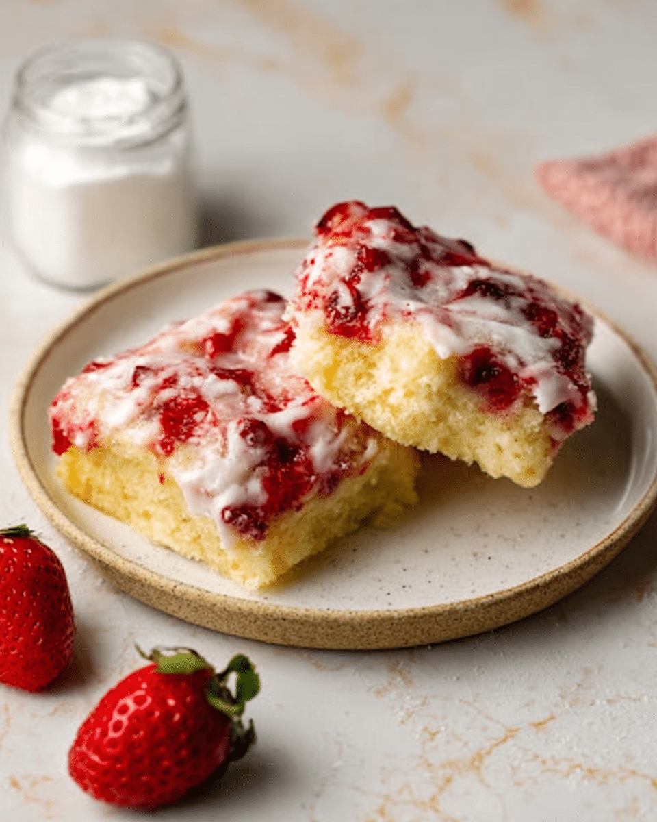 The image shows a white plate on a white marbled surface holding two square pieces of a fruit dessert. Each piece has a thick light yellow base layer, topped with a red berry layer mixed with white creamy frosting that looks soft and spread unevenly. The top is glossy and slightly messy, with some berry juice visible through the frosting. Near the plate, there are two fresh strawberries and a small jar filled with white powdered sugar. Photo taken with an iphone --ar 4:5 --v 7
