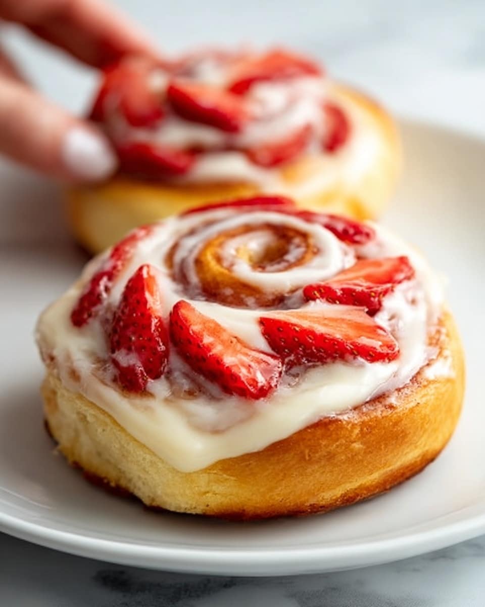 A close-up view of four cinnamon rolls on a white plate, each roll has three visible layers with a light brown dough spiral and a creamy white icing thickly spread on top, slightly melting and dripping down the sides. On the very top center of each roll, there is a bright red slice of strawberry, adding a fresh and colorful contrast. The rolls appear soft and moist with a shiny glaze reflecting light. The background shows a white marbled texture. Photo taken with an iphone --ar 4:5 --v 7