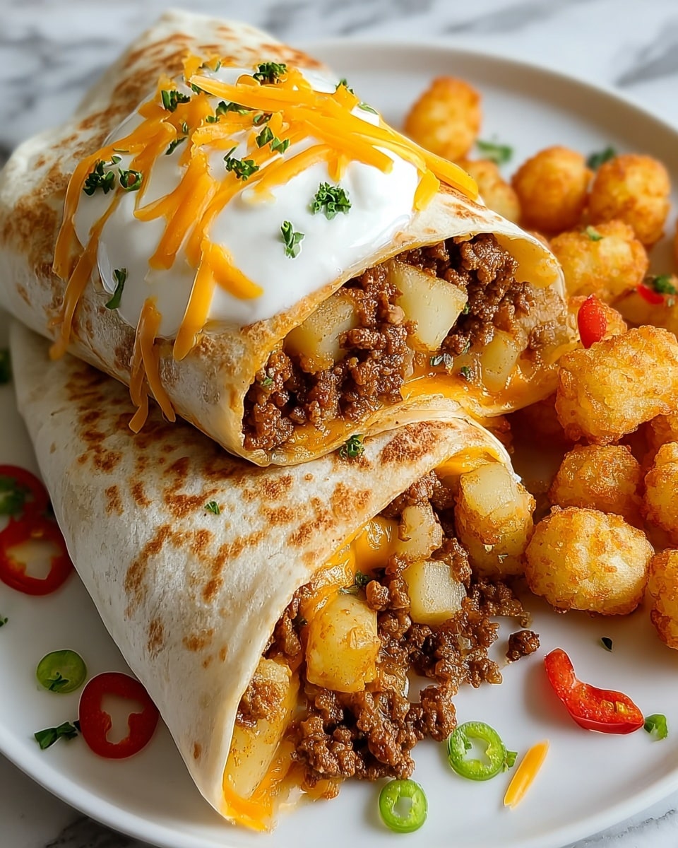 The image shows two burritos cut in half, stacked on a white plate with small round golden brown fried balls on the side. The burrito layers start with a toasted, light tan tortilla wrap with dark brown spots on the outside. Inside, there is a mix of brown crumbled ground beef and juicy yellow corn kernels, melted white cheese layered with melted orange cheddar cheese, and small chopped green onions sprinkled on top and around. A dollop of smooth white sour cream is placed on one of the burritos, topped with some melted orange cheddar cheese and small chopped green onions. The plate rests on a white marbled surface. photo taken with an iphone --ar 4:5 --v 7