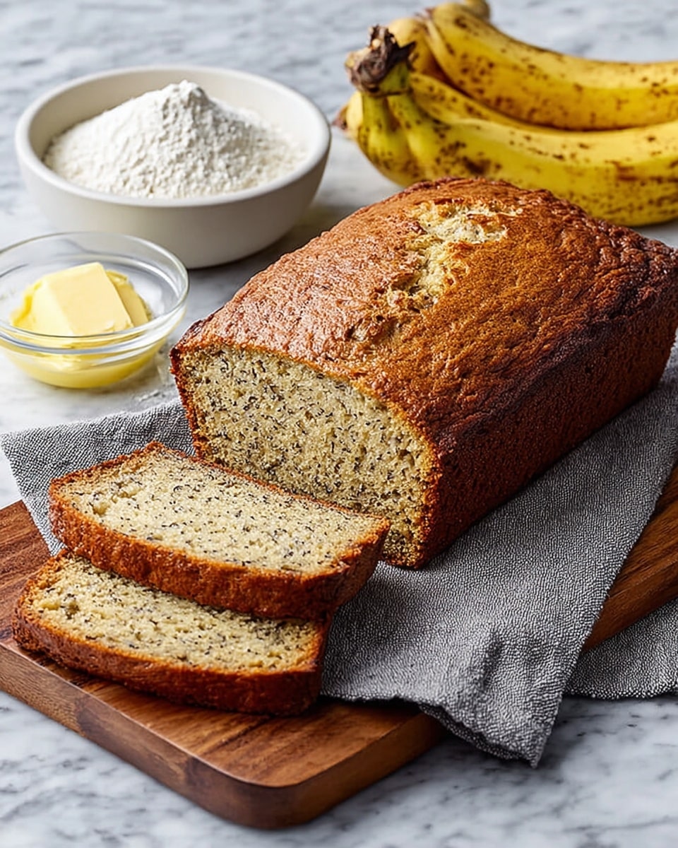 A loaf of banana bread with a golden brown crust and a moist, light beige inside with small dark specks, placed on a wooden cutting board on top of a gray cloth on a white marbled surface; two slices are cut and lie flat in front of the loaf showing the soft texture inside. To the left is a small clear glass container filled with creamy butter, and to the right in the background are two ripe bananas with brown spots and a white bowl filled with white flour. Photo taken with an iphone --ar 4:5 --v 7