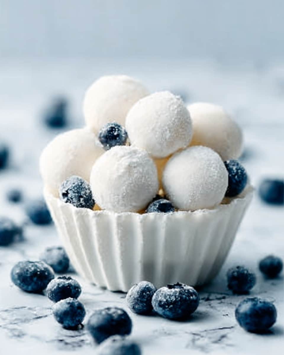 A small white waffle bowl is filled with round white frozen dough balls covered lightly with frost. The bowl is placed on a white marbled surface. Around the bowl, there are fresh dark blue blueberries scattered, creating a contrast with the white bowl and frozen dough balls. The texture of the dough balls looks smooth with a frosty layer on top. The lighting is soft, adding a fresh and cool feeling to the scene. photo taken with an iphone --ar 4:5 --v 7