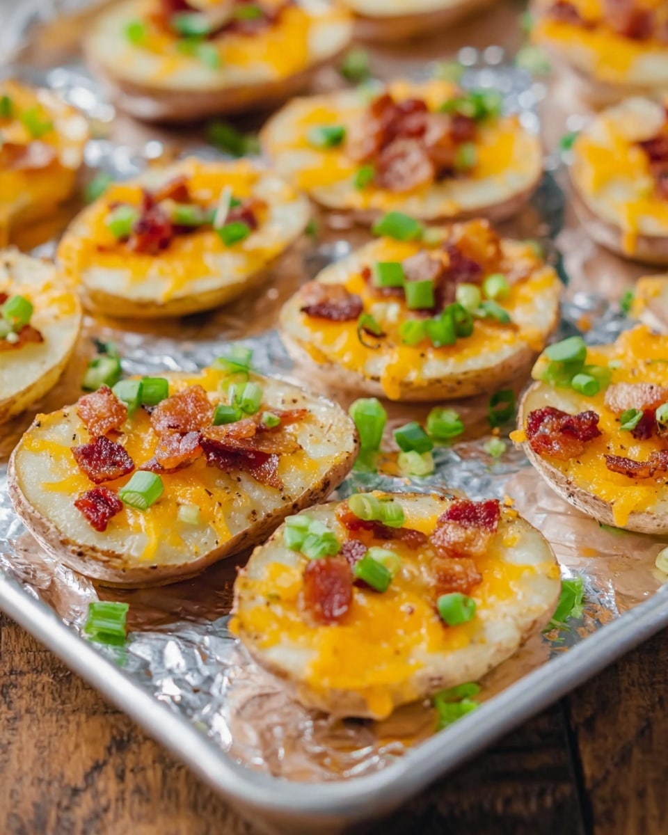 The image shows several round potato slices laid out on a silver foil-covered baking tray. Each slice has three layers: the bottom layer is a light brown potato skin with a soft white center, the middle layer is melted bright yellow-orange cheese covering most of the potato surface, and the top layer consists of small red-brown bacon pieces and bright green chopped spring onions scattered evenly. The tray rests on a wooden surface, and the potato slices look warm, crispy, and fresh. photo taken with an iphone --ar 4:5 --v 7