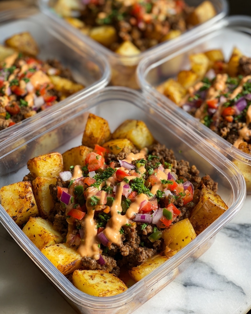 The image shows four clear plastic containers filled with a meal, placed on a white marbled surface. Each container has two main sections: the right side is filled with golden-brown roasted potato cubes that look crispy, and the left side has a mix of finely chopped cooked ground beef topped with a colorful layer of diced red onions, tomatoes, green peppers, and fresh parsley. A light drizzle of creamy orange sauce is spread over the beef and vegetable mixture, adding a smooth texture. The containers are stacked in a loose grouping, with one container in the front clearly in focus and the others slightly blurred in the background, showing similar contents. photo taken with an iphone --ar 4:5 --v 7