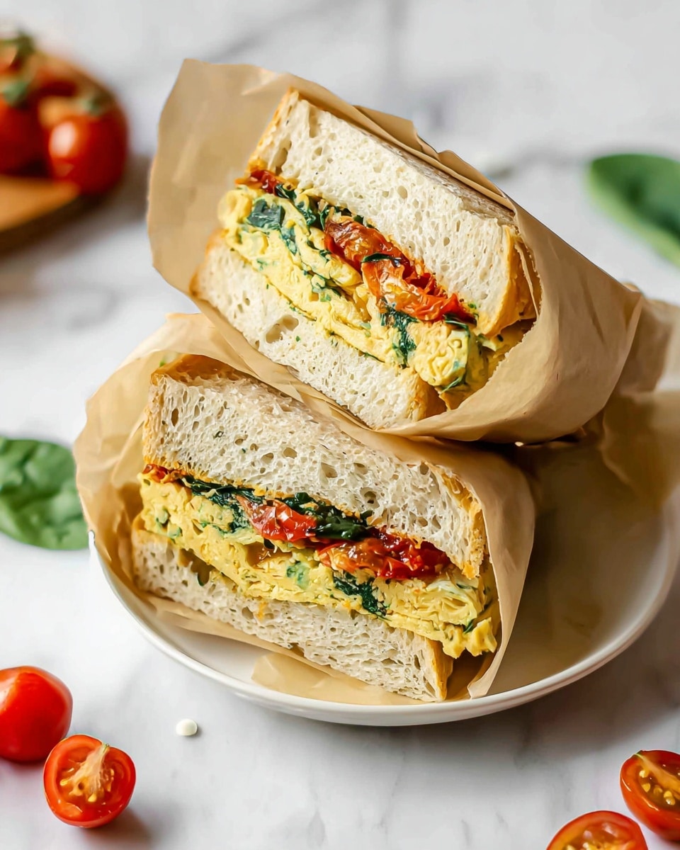 Two sandwich halves sit next to each other wrapped in brown paper on a white bowl on a white marbled texture surface. Each sandwich has three visible layers inside the light-colored, porous bread: a bright yellow folded egg layer with green spinach leaves, a slice of orange cheddar cheese, and some red sauce on top. Around the bowl are scattered small red cherry tomatoes and spinach leaves with another wrapped sandwich in the background. Photo taken with an iphone --ar 4:5 --v 7