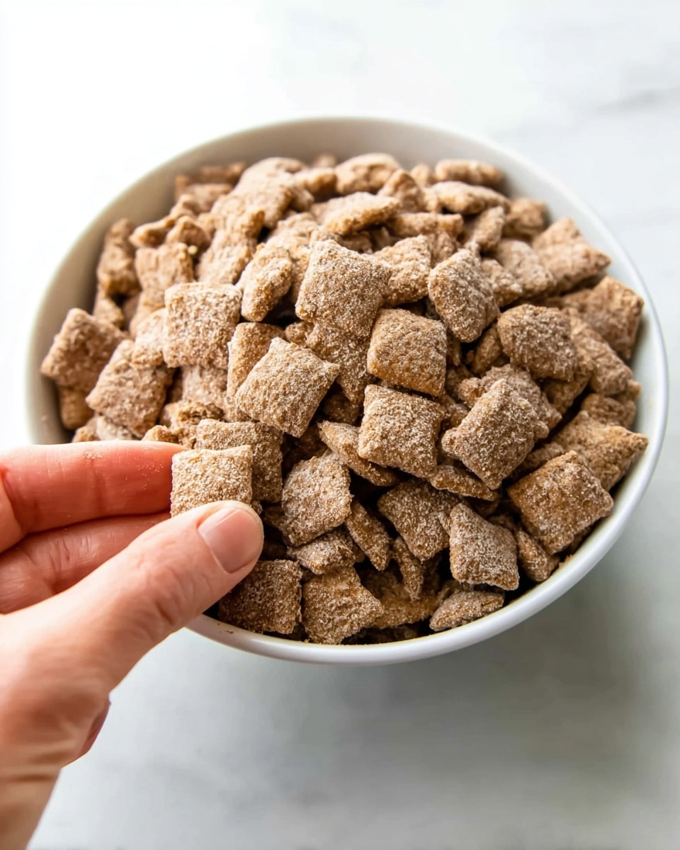 A close-up image shows a white bowl filled with many small, square-shaped snack pieces covered in a powdery brown coating, creating a textured, dusty look. The snack pieces have a rough surface with some visible darker and lighter brown spots. A woman's hand is reaching from the left side of the frame, delicately holding one of the pieces between her thumb and forefinger. The bowl is placed on a white marbled surface, with soft lighting highlighting the powdery texture on the snack pieces. photo taken with an iphone --ar 4:5 --v 7
