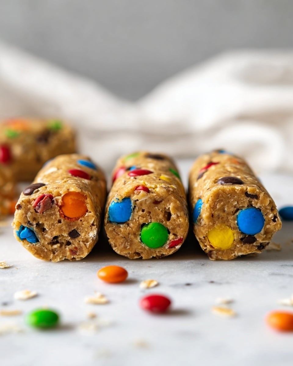 The image shows three rows of energy balls placed on a white marbled surface, each ball made of a light brown mixture with visible oatmeal flakes and colorful candy-coated chocolate pieces embedded throughout. The balls have a slightly rough texture but are rounded into thick, cylindrical shapes, lined up closely in parallel rows, with a few loose candy-coated chocolates scattered around them on the surface. The background is soft and blurred with a white cloth partially visible. photo taken with an iphone --ar 4:5 --v 7