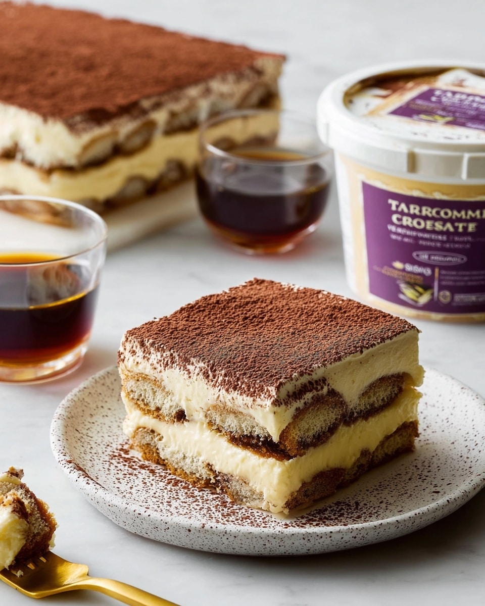 A square slice of tiramisu with three visible layers sits on a white speckled plate on a white marbled surface. The bottom and middle layers are brown coffee-soaked cake, soft in texture, while the middle and top layers are creamy light cream cheese mixture with a smooth texture. The top is dusted with a fine layer of dark cocoa powder, creating a rich brown color. Behind the plate, there is a glass of amber coffee, another slice of tiramisu on a white speckled plate, and a purple-lidded mascarpone cream cheese container. In front, a gold fork holds a small bite of the tiramisu. Photo taken with an iphone --ar 4:5 --v 7