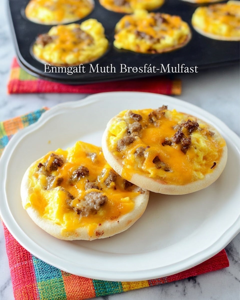 Two English muffin breakfast pizzas sit on a white plate with a white marbled surface under it. Each English muffin is split in half and toasted lightly, forming the base layer. On top, there is a layer of scrambled eggs that are soft and light yellow. Scattered on the eggs are small, browned pieces of sausage, adding a textured look. Melted cheddar cheese with a bright orange color covers the eggs and sausage, blending well with the other layers. Behind the plate, there is a black baking tray shown with more muffins looking the same, and a colorful cloth with red, yellow, green, and blue squares rests partly under the tray. photo taken with an iphone --ar 4:5 --v 7