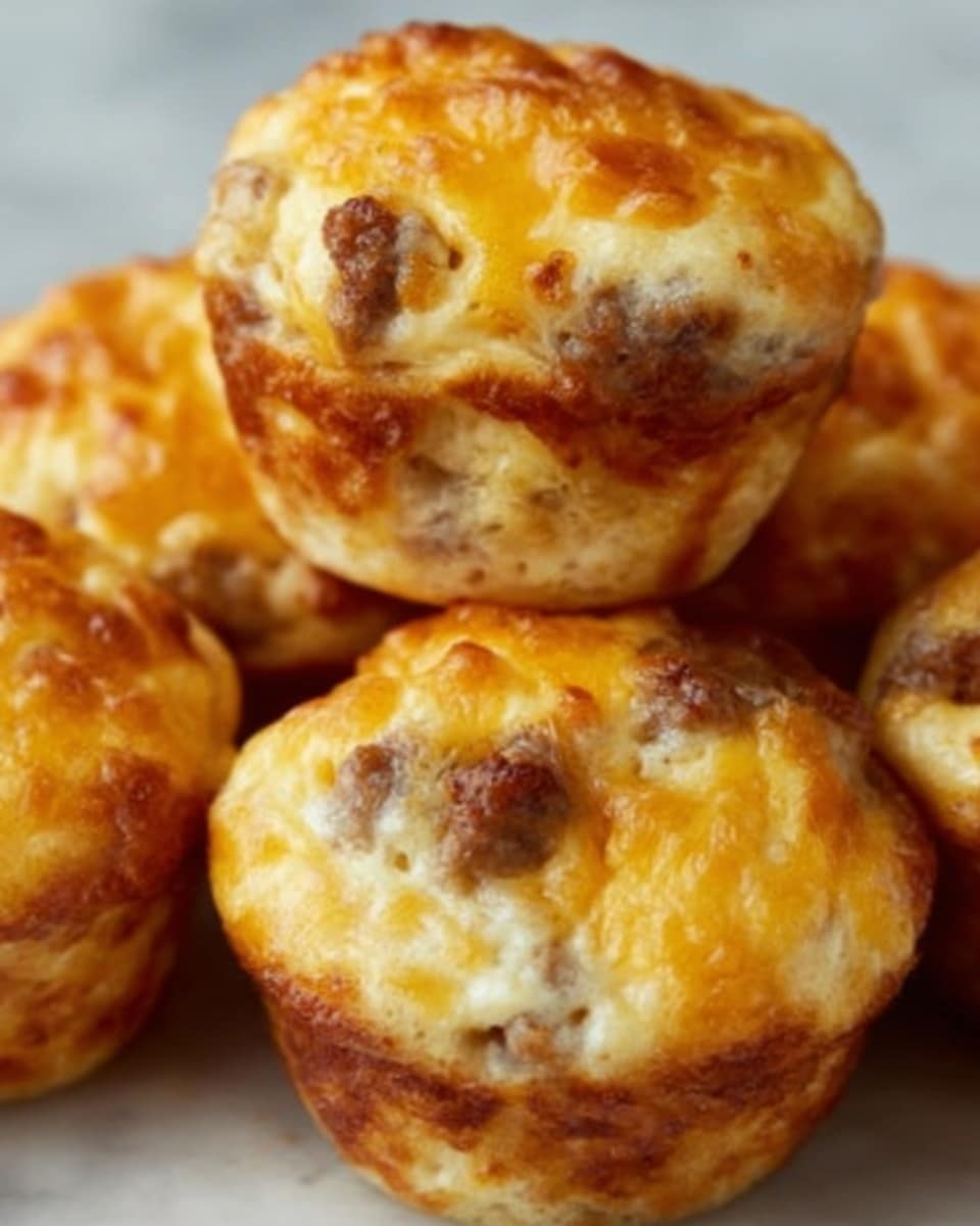 The image shows a close-up of several small, round savory muffins stacked together. Each muffin has a golden-brown, slightly crispy top with some darker spots, and the texture is bubbly and cheesy. The muffins are filled with small pieces of browned sausage that peek through the creamy, light yellow cheesy crust. The muffins sit closely on a white marbled surface, with one muffin placed on top of two others, highlighting their soft and fluffy texture. The photo taken with an iphone --ar 4:5 --v 7