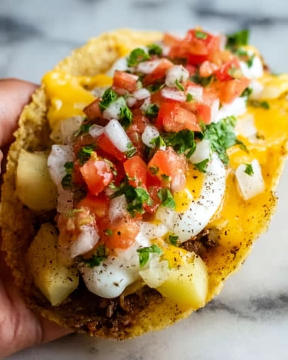 The image shows a close-up of a single crispy taco shell filled with a layered mix of yellow cooked potatoes as the base, topped with melted yellow cheese that has a smooth texture, followed by a layer of white sour cream dolloped generously. On top, there is a chunky mix of fresh diced tomatoes, white onion, and green cilantro scattered evenly, adding bright red, white, and green colors. The taco is seasoned lightly with ground black pepper sprinkled over the top. A woman's hand is holding the taco from the side. The background and surface are white marbled texture. Photo taken with an iphone --ar 4:5 --v 7