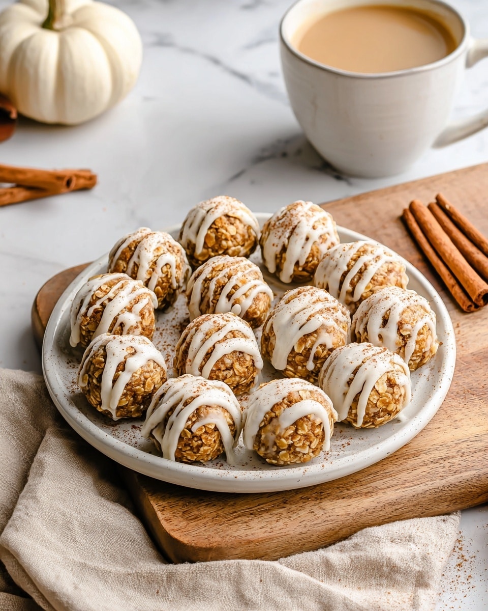 A white plate filled with sixteen round oat balls arranged neatly in rows, each ball textured with visible oats and a golden brown color; each is topped with uneven white icing drizzled in stripes and patches, with a light dusting of cinnamon powder over the icing. The plate is placed on a wooden cutting board, sitting on a white marbled surface, with a beige cloth partially visible. In the background to the right is a white cup of light brown coffee topped with foam, next to several cinnamon sticks. A white pumpkin is visible in the upper left corner. Photo taken with an iphone --ar 4:5 --v 7
