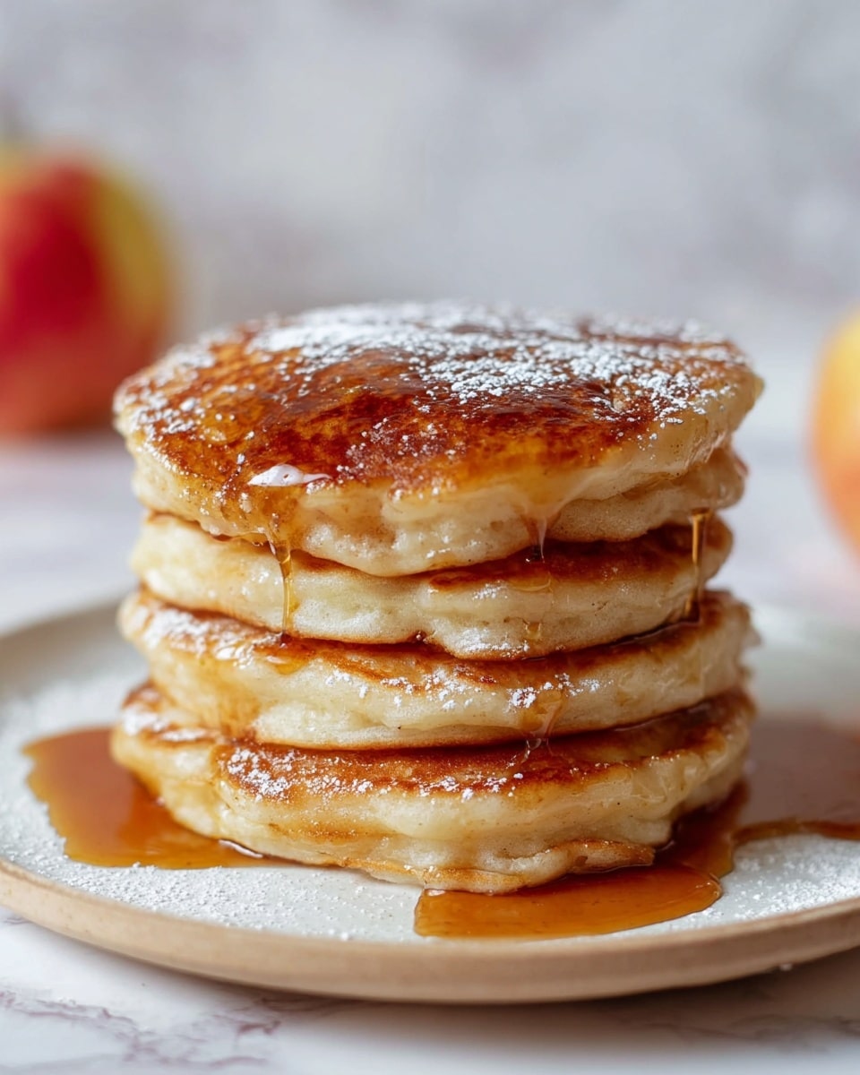 A stack of five golden brown pancakes sits in the center of a white plate, each pancake thick and fluffy with a slightly uneven, soft texture. The top pancake is drenched with amber syrup dripping slowly down the sides onto the plate. A light dusting of powdered sugar is sprinkled over the stack, adding a delicate white contrast to the warm brown tones. The white plate rests on a white marbled surface, and in the blurred background an apple is faintly visible. photo taken with an iphone --ar 4:5 --v 7