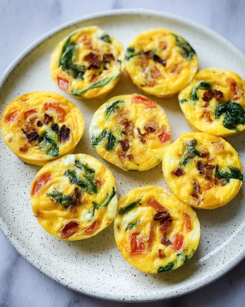 The image shows a white speckled plate holding ten small, round egg muffins. Each muffin has a bright yellow base made of cooked eggs, with visible layers of diced red tomatoes, green spinach leaves, and browned bits of cooked onions or bacon scattered on top. The egg muffins have a smooth, slightly glossy texture and a soft, bouncy look. The plate sits on a white marbled surface which adds a clean and simple background to the colorful food. photo taken with an iphone --ar 4:5 --v 7