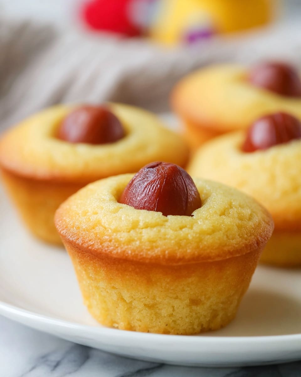 A close-up image of golden brown mini muffins with a smooth texture, each topped with a single shiny, reddish-brown frankfurter piece pressed into the center, forming one visible layer where the sausage sinks slightly into the muffin. The muffins sit on a white plate, placed on a surface with a white marbled texture, with a softly blurred background showing more muffins and some colorful objects. Photo taken with an iphone --ar 4:5 --v 7