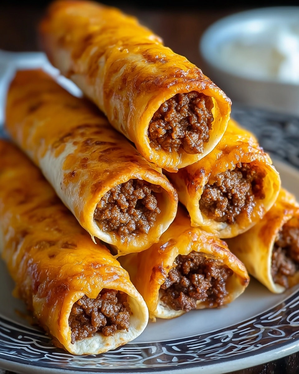 Five rolled tacos are stacked on a white plate with a dark decorative pattern. Each taco has a golden brown, crispy outer shell that looks cheesy and slightly oily, with a shiny texture from melted cheese. Inside each roll is a layer of dark brown seasoned ground beef filling that is visible on the open ends. The tacos are arranged in two layers, with three tacos on the bottom and two on top, leaning against each other. The white marbled surface is softly blurred in the background. Photo taken with an iphone --ar 4:5 --v 7