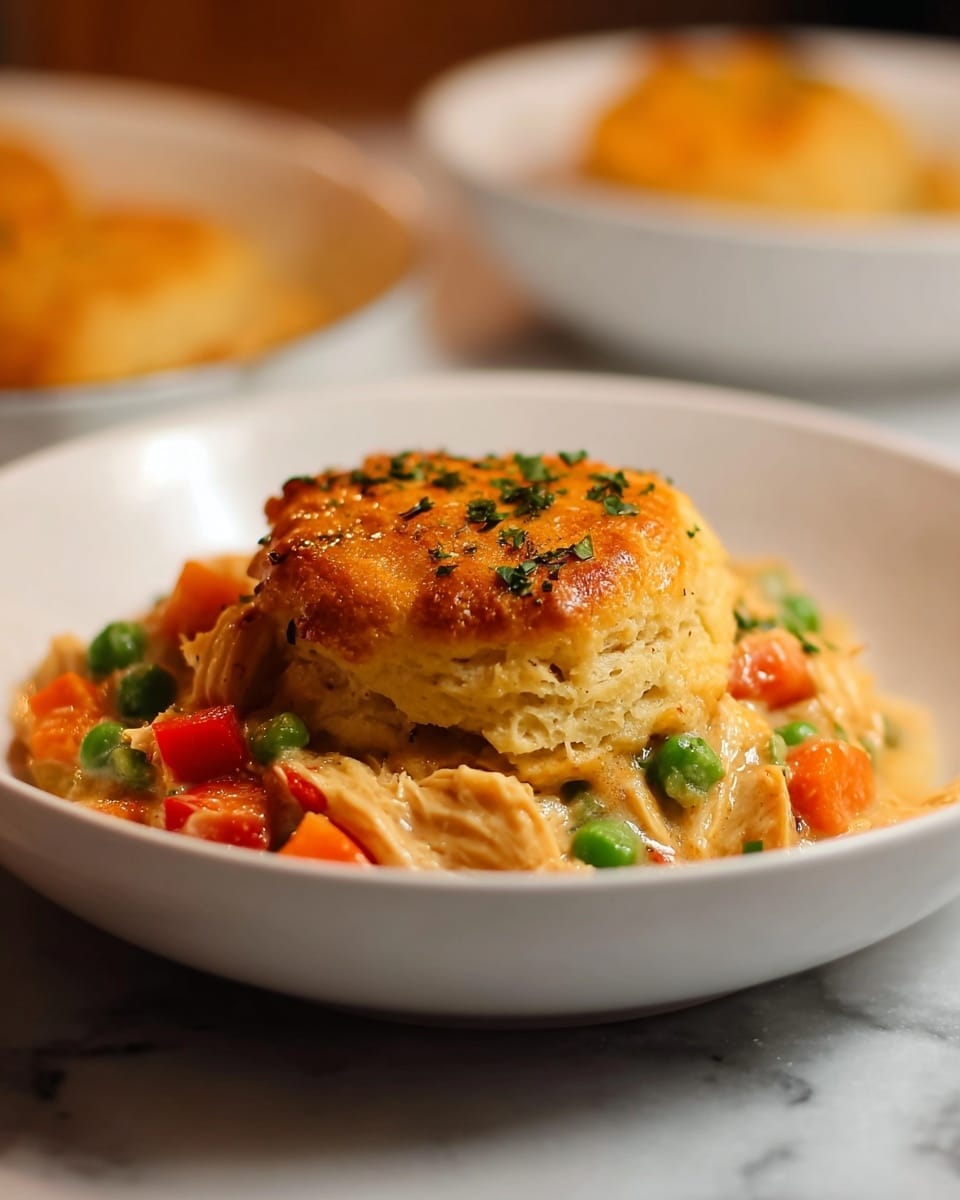 The image shows a thick, golden-brown biscuit on top of a creamy chicken pot pie filling in a white bowl. The biscuit has a shiny, slightly crisp top sprinkled with finely chopped green herbs. Below the biscuit, there are visible chunks of shredded chicken, soft orange carrot cubes, bright green peas, and red bell pepper pieces mixed in a creamy sauce. The filling spills gently around the biscuit, creating a cozy, layered look. The background features a soft blur of more food and warm lighting on a white marbled surface. photo taken with an iphone --ar 4:5 --v 7