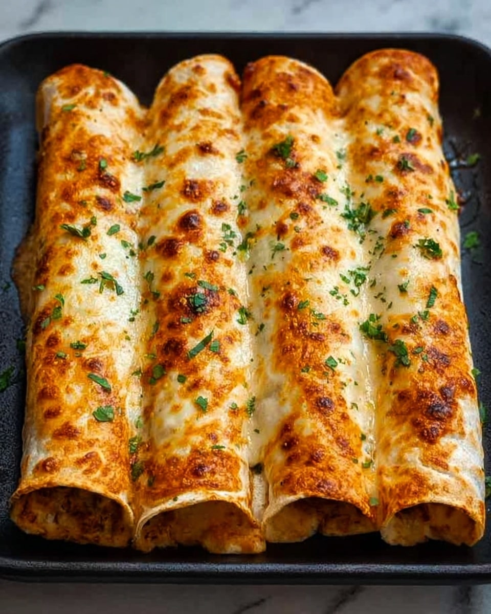 The image shows a close-up of four baked rolled tortillas filled with creamy cheese. Each tortilla is golden brown with melted cheese on top, bubbly and slightly crispy. Small green herbs are sprinkled over the tortillas, adding a fresh touch. They are neatly arranged in a black pan on a white marbled surface, with the edges of the tortillas lined up side by side. The texture of the cheese looks smooth and creamy inside the rolls, and the tortillas have a light toasted look. Photo taken with an iphone --ar 4:5 --v 7