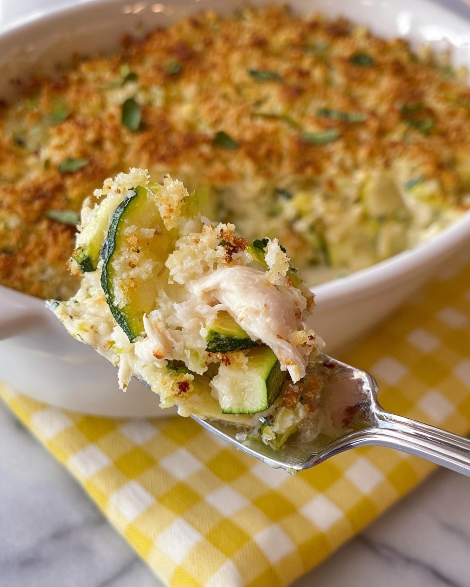 A close-up of a fork holding a bite of baked casserole with visible layers including white shredded chicken, bright green slices of zucchini, creamy cheese sauce, and golden brown crispy breadcrumbs on top. In the background, the white baking dish shows more of the casserole with the same textured top layer. The scene is set on a white marbled surface with a yellow and white patterned cloth under the baking dish. Photo taken with an iphone --ar 4:5 --v 7