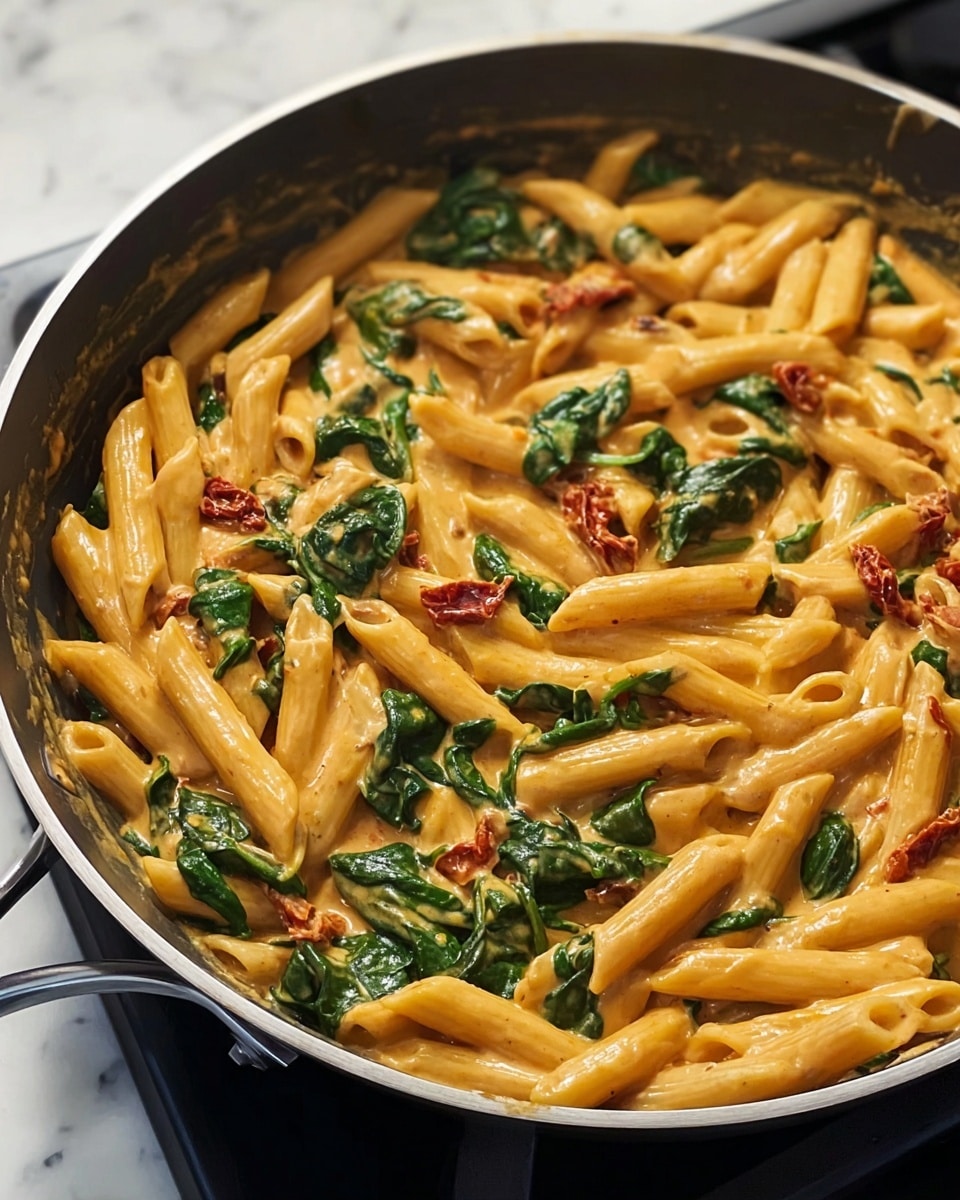 A close-up view of a frying pan filled with creamy penne pasta layered evenly, coated in a smooth light orange sauce. The pasta layer is mixed with bright green spinach leaves distributed evenly, and scattered pieces of dried red tomatoes add color contrast. The pan has a dark interior with a metallic silver outer rim, sitting on a black stove surface with a white marbled texture background. The pasta looks glossy and well-cooked, with visible seasoning specks throughout. photo taken with an iphone --ar 4:5 --v 7