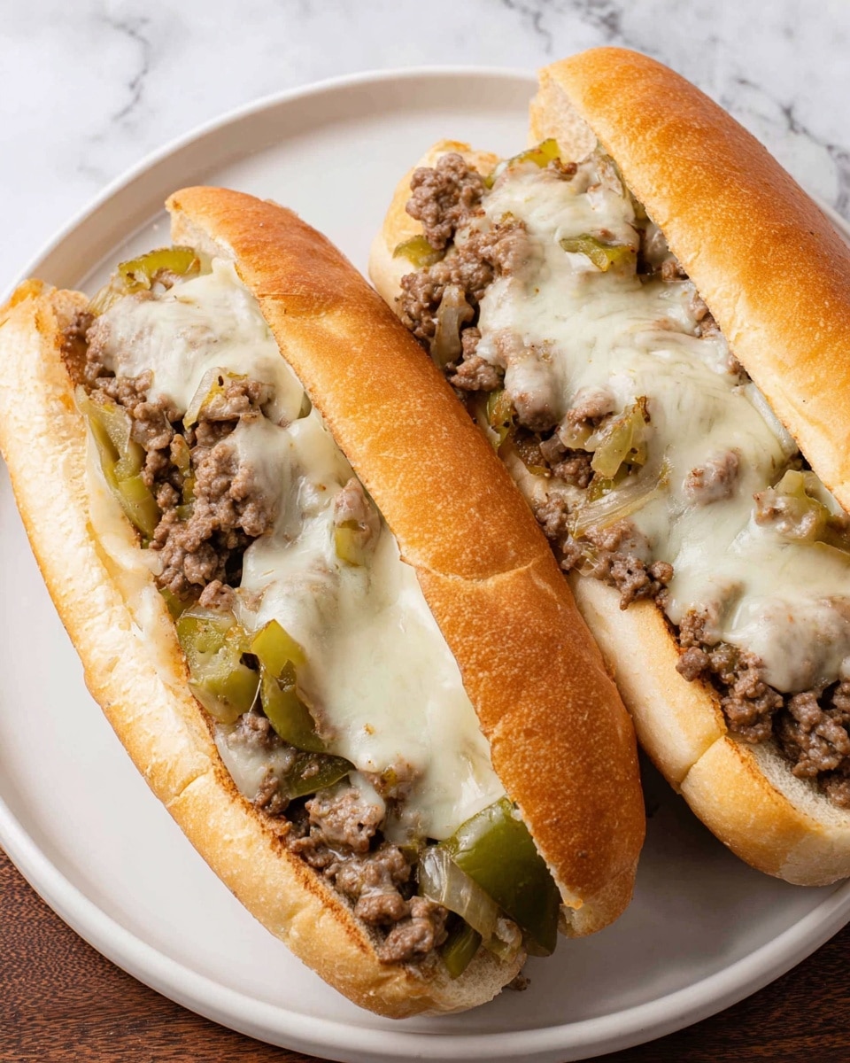 Two sandwiches on a white plate with a white marbled texture surface underneath. Each sandwich has a soft, golden brown toasted bun split open to hold the filling. The filling includes layers of cooked ground beef mixed with cooked green bell peppers and onions, topped with melted white cheese covering the meat and vegetables. The cheese looks soft and slightly stringy, melting over the filling. The sandwiches are closely placed side by side, showing the textured filling clearly. Photo taken with an iphone --ar 4:5 --v 7