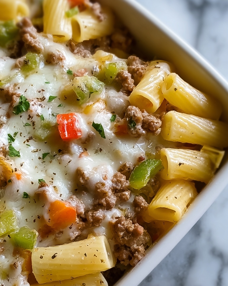 The image shows a close-up view of a creamy pasta dish with three main layers. The bottom layer consists of rigatoni pasta, light yellow in color with a smooth, slightly glossy texture. The middle layer is made of small chunks of browned ground meat, mixed with diced green and red bell peppers, adding bursts of bright green and red color. The top layer is melted cheese, white and gooey, covering the meat and pasta lightly, sprinkled with some black pepper and small bits of green herbs. The dish is presented against a white marbled background. photo taken with an iphone --ar 4:5 --v 7