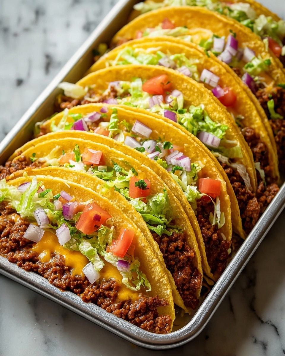 The image shows a close-up of six tacos arranged in a row inside a metal tray on a white marbled surface. Each taco has a yellow, slightly crispy shell filled with three layers: the bottom layer is ground beef with a rich brown color and slightly saucy texture, the middle layer is melted cheese blending yellow and white shades covering the beef, and the top layer consists of chopped fresh vegetables including green lettuce, red tomato pieces, purple onion cubes, and small sprinklings of green herbs. The tacos are slightly overlapping and presented neatly in the tray. Photo taken with an iphone --ar 4:5 --v 7
