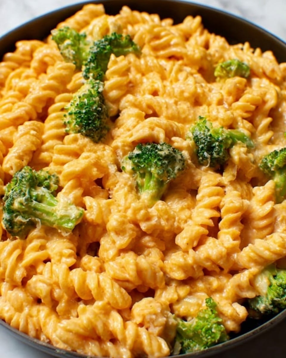 The image shows a close-up view of a creamy pasta dish in a white bowl, featuring three visible layers: the base layer is curly fusilli pasta coated in a thick, smooth, orange cheese sauce, the middle layer has small bright green broccoli florets scattered evenly throughout, and the top layer is lightly sprinkled with black pepper, adding small dark specks across the surface. The dish looks warm and rich with a glossy texture on the sauce. The background is a white marbled surface. Photo taken with an iphone --ar 4:5 --v 7