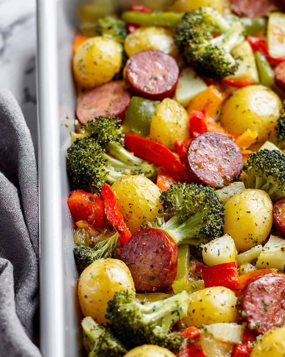 A close-up of a tray filled with cooked slices of sausage, yellow potato halves, green broccoli florets, and pieces of red and green bell peppers, all mixed together and seasoned with black pepper and herbs. The sausage slices have a browned, slightly shiny surface, the potato halves show a soft yellow inside with skins on, broccoli looks tender and bright green, and bell peppers add pops of red and green color. The ingredients fill the tray in a layered, rustic arrangement. The tray sits on a white marbled surface with a gray cloth nearby. Photo taken with an iphone --ar 4:5 --v 7