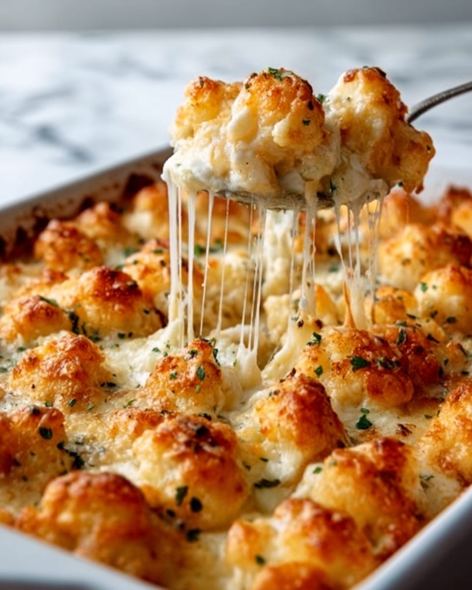 The image shows a white dish filled with golden-brown baked cauliflower pieces covered in melted, stretchy cheese. The cheesy layer is thick and bubbly, with some browned spots on top, giving a crispy texture. Small green herb pieces are sprinkled evenly over the cauliflower, adding color contrast. A silver spoon held by a woman's hand lifts a cheesy, gooey portion, stretching the melted cheese from the dish. The background is a white marbled texture. Photo taken with an iphone --ar 4:5 --v 7