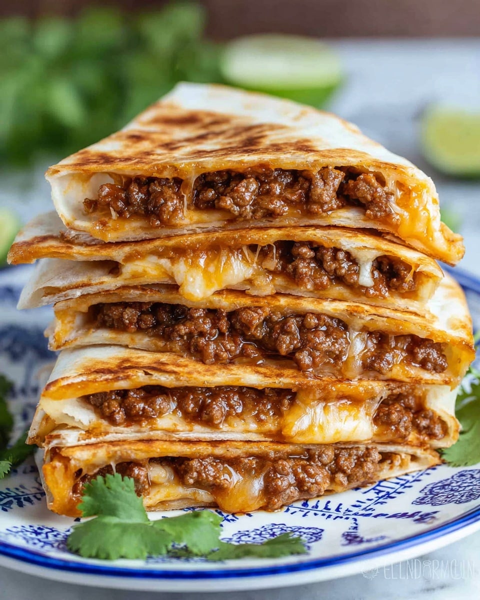 A close-up stack of five folded quesadilla halves, each showing three layers inside, is placed on a white plate with blue pattern. The outer layer is a warm, golden-brown tortilla with a slightly crispy texture. Inside, the middle layer is a mix of cooked ground beef in rich brown shades with some golden melted cheese that stretches between the layers. The bottom layer is a lighter melted cheese that blends with the meat, creating a gooey and juicy filling. The stack is placed on a white marbled surface with some green cilantro leaves and a small lime wedge around the plate. Photo taken with an iphone --ar 4:5 --v 7