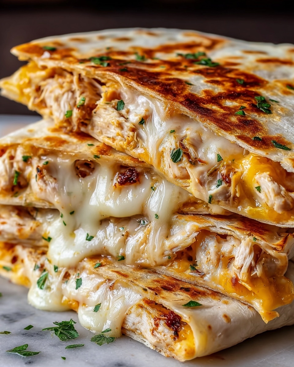 A close-up view of two folded quesadilla halves stacked on top of each other on a white marbled surface, showing a golden brown grilled outside with some crispy spots and small green herb bits sprinkled on top; inside, three layers are visible with the outer layer of melted white cheese stretching oozily, the middle layer of shredded cooked chicken with a lightly browned texture, and a layer of melted yellow cheese beneath it. photo taken with an iphone --ar 4:5 --v 7