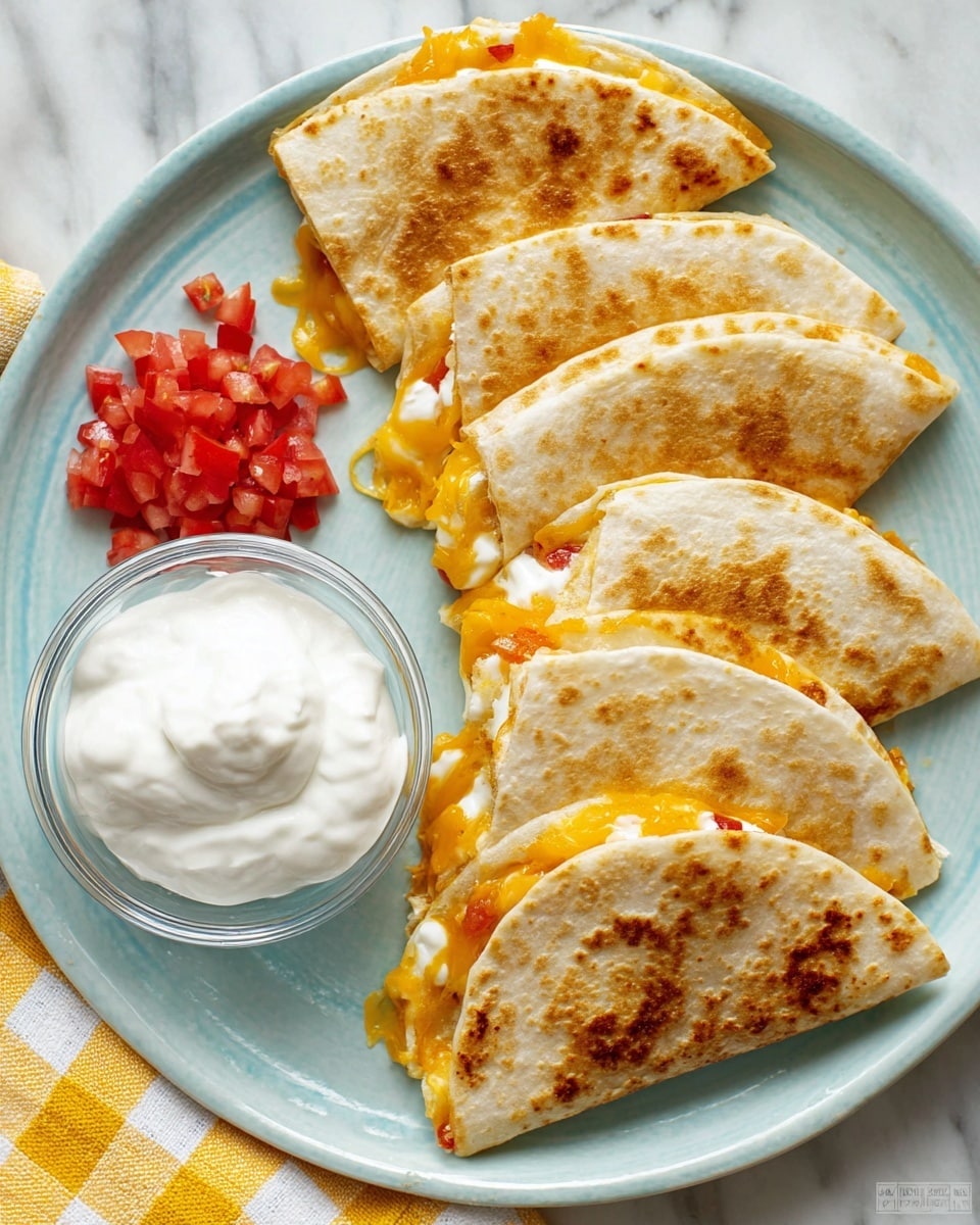 Five golden brown quesadilla halves arranged in a row on a white plate with a light blue hue, each filled with melted bright orange cheese and some white creamy layer visible inside. To the left of the quesadillas is a clear glass bowl filled with smooth white sour cream. Next to the bowl, there is a small pile of red, finely chopped tomatoes. The plate is placed on a white marbled surface. A yellow and white checkered cloth is seen to the left edge of the image. photo taken with an iphone --ar 4:5 --v 7