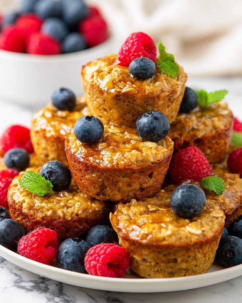 A white plate holds a stack of golden brown oat muffins with a shiny glaze on top, giving them a moist and slightly sticky texture. Each muffin has a rough surface from the oats baked into the batter. Scattered on and around the muffins are fresh bright red raspberries and deep blue blueberries, adding vibrant pops of color. Some muffins are topped with a small sprig of fresh green mint leaves. The plate rests on a white marbled surface with a blurred white bowl of more berries in the background. photo taken with an iphone --ar 4:5 --v 7