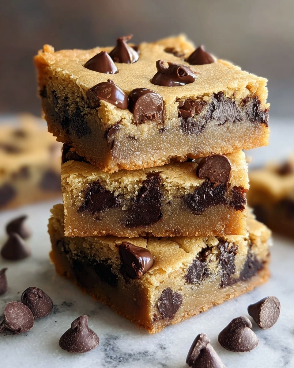 A stack of three square chocolate chip cookie bars is shown, each piece thick and dense, with a golden-brown crust on top and a soft, light brown interior filled generously with dark chocolate chips. The top bar has several chocolate chips visible on its surface, some rounded and slightly melting into the dough. The layers have a slightly crumbly texture on the edges, while the center looks moist and rich, dotted with large, melted chocolate chips inside. The bars rest on a white marbled surface with a few scattered chocolate chips around. photo taken with an iphone --ar 4:5 --v 7