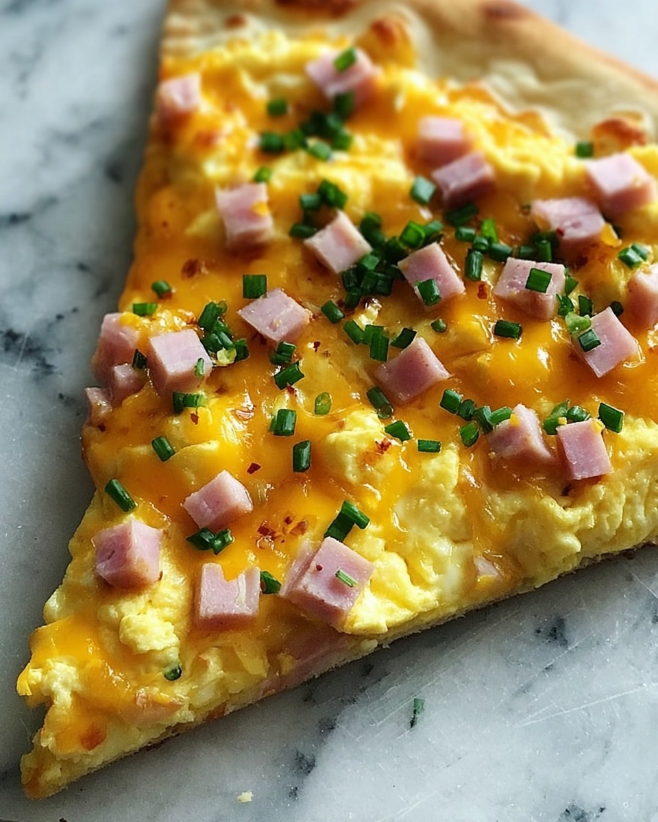 A close-up view of a single slice of breakfast pizza on a white marbled surface, showing three main layers: a thin golden-brown crust base, a layer of soft, fluffy scrambled eggs covering the crust, and melted cheddar cheese sitting on top with small cubes of light pink cooked ham scattered across. There are also small pieces of bright green chopped chives sprinkled over the eggs and cheese, adding a fresh pop of color. The melted cheese has a slightly glossy texture, and the eggs look creamy and tender, with the ham pieces slightly browned on the edges. Photo taken with an iphone --ar 4:5 --v 7