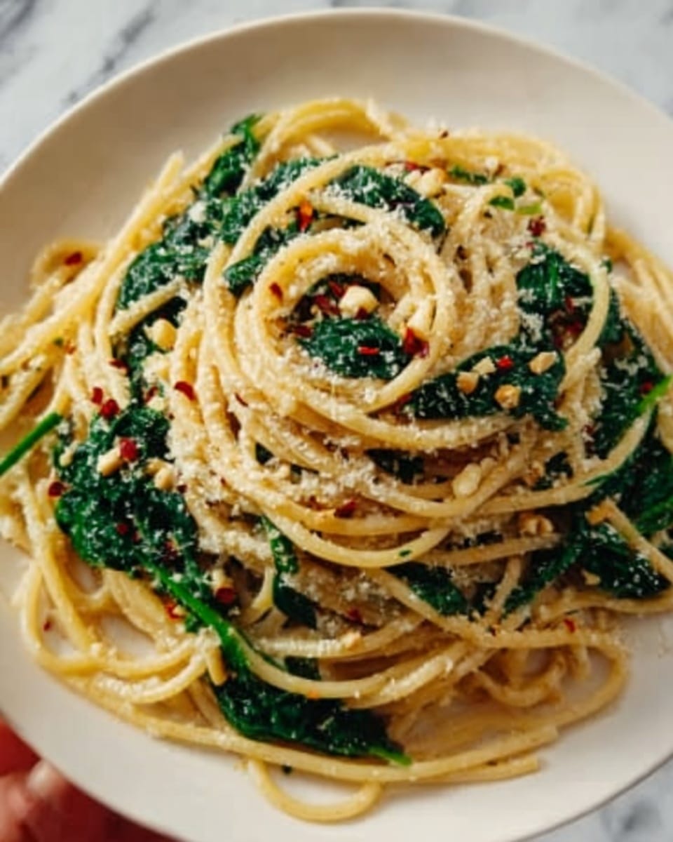 A close-up of a plate filled with spaghetti pasta twisted into a high mound, layered with sautéed dark green spinach leaves mixed throughout. The spaghetti is coated in a light, creamy sauce with visible small bits of grilled garlic and red chili flakes scattered on top, adding texture and color. At the edge of the plate, a partial view of a lemon wedge adds a touch of bright yellow contrast. The plate is white, set on a white marbled surface, with a casual and fresh look. Photo taken with an iphone --ar 4:5 --v 7