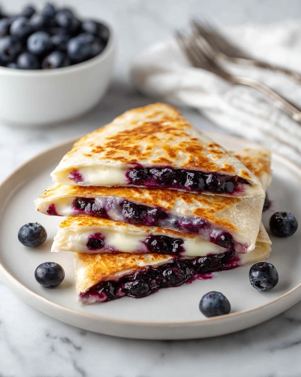 The image shows three folded quesadilla slices stacked on a white plate. Each quesadilla slice has a golden-brown crispy outer shell with visible grill marks. Inside, there are two distinct layers: a melted white cheese layer and a thick layer of vibrant dark purple-blueberry filling, some of which is oozing out slightly. There are a few whole blueberries placed around the quesadilla slices on the plate. In the background, there is a white bowl filled with blueberries, a silver fork, and a white marbled texture surface. photo taken with an iphone --ar 4:5 --v 7
