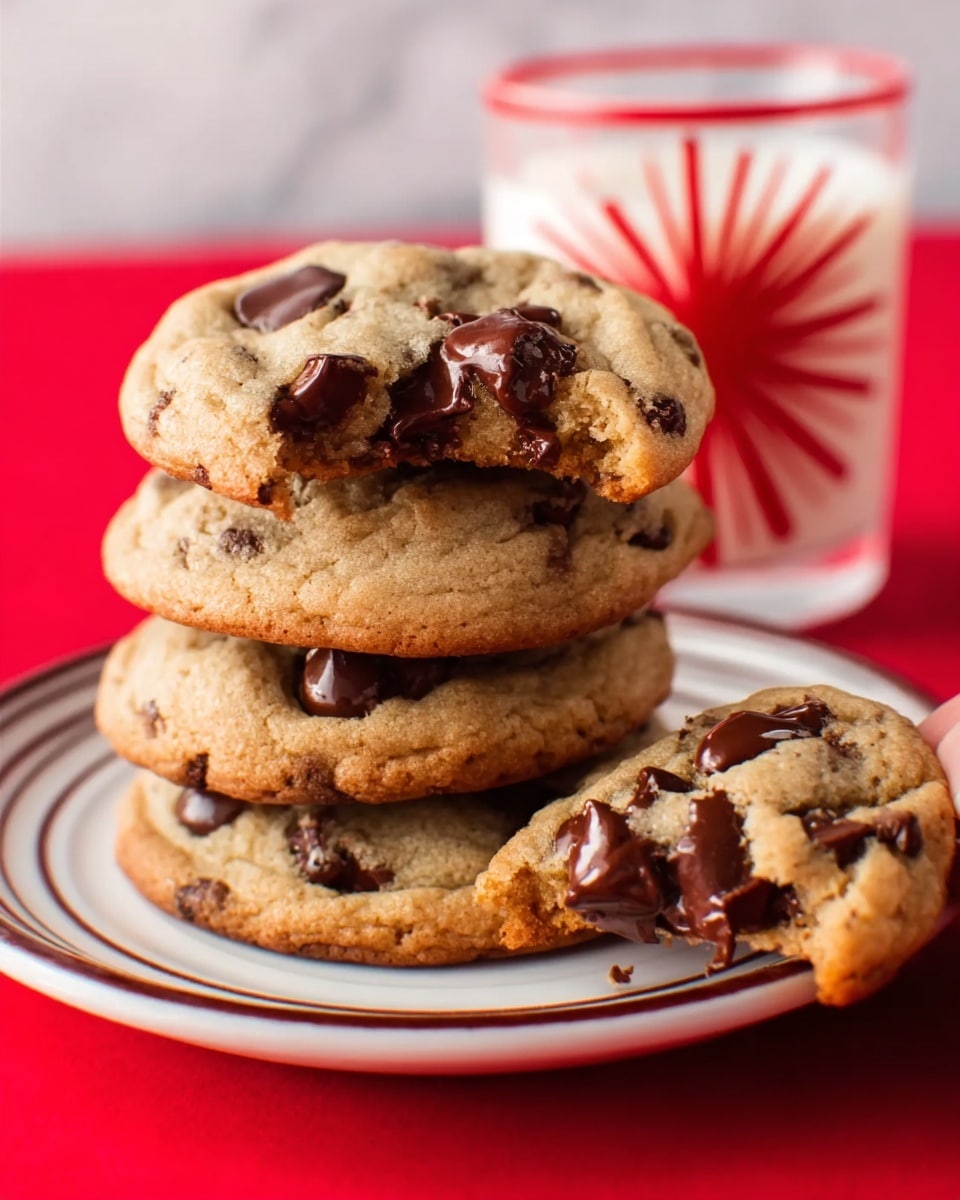 A stack of four thick, golden-brown chocolate chip cookies sits on a white plate with narrow brown and tan rings near the rim. The cookies are soft and slightly puffy with visible dark chocolate chips scattered on and inside them. Beside the plate, a partially eaten cookie leans on it, showing the soft, chewy inside with chunks of melted chocolate. A tall glass filled with milk is next to the plate, with a red vintage pattern on it. The entire scene is set on a white marbled surface with a bright red background. Photo taken with an iphone --ar 4:5 --v 7