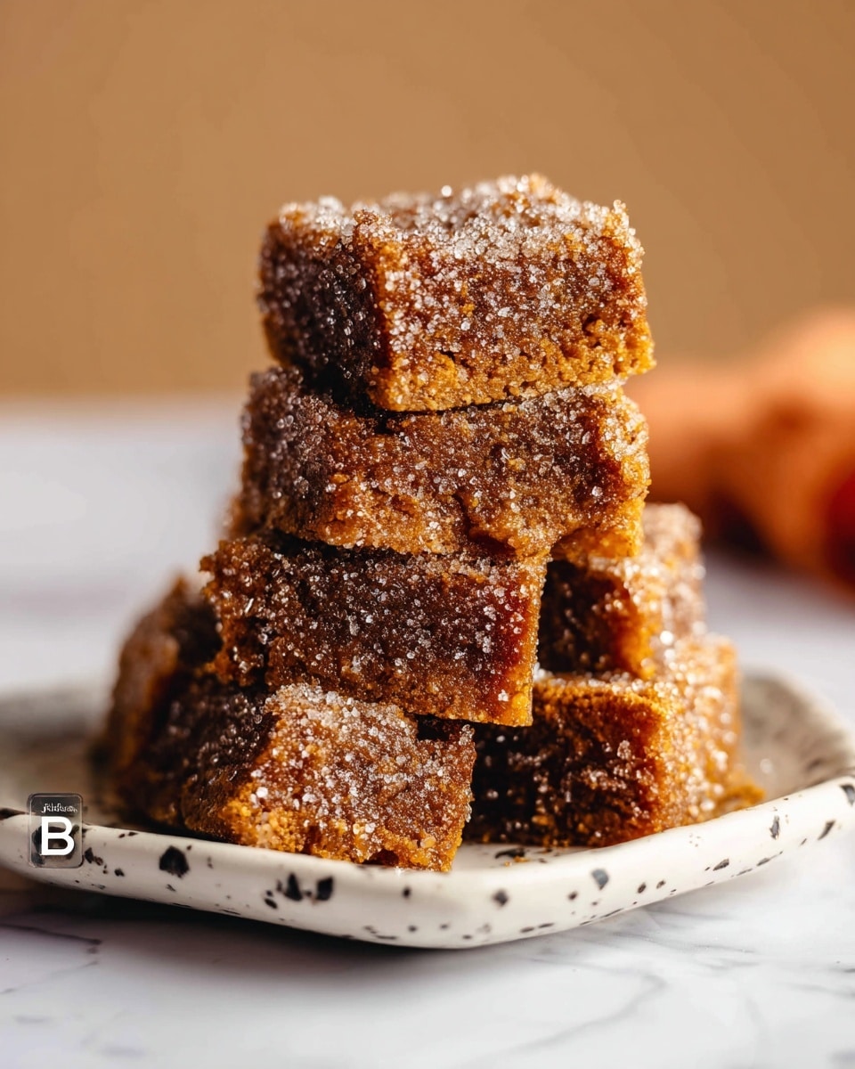A stack of five square-shaped cinnamon sugar-coated squares arranged neatly on a white plate with a slightly ruffled edge. The squares have a rough texture with visible granulated sugar crystals on their dark brown, slightly crispy surface. The background is a white marbled texture with soft lighting that highlights the sugary coating and the dense, moist interior of the squares. The focus is tight on the stack, showing detailed texture on each piece. photo taken with an iphone --ar 4:5 --v 7